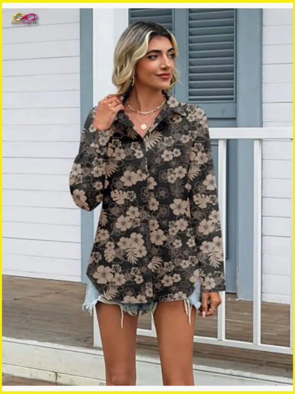 Oversized Cotton Button Down Blouse V-Neck Loose Fit Classic Chic Casual